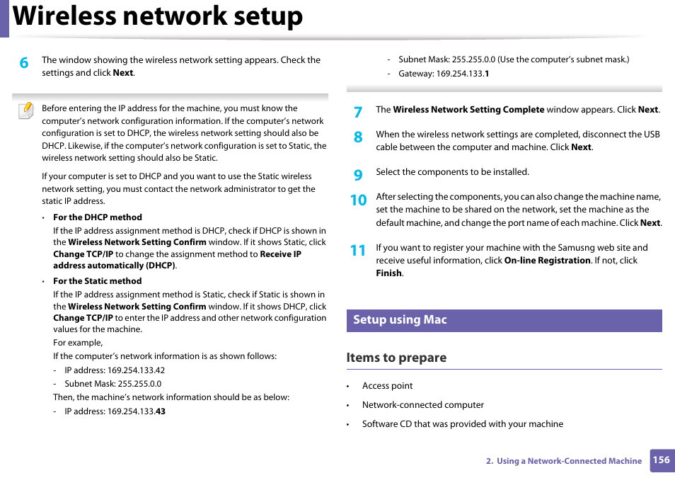 Setup using mac, Wireless network setup, Items to prepare | Samsung SL-M4020ND-TAA User Manual | Page 156 / 273
