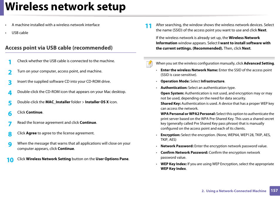 Wireless network setup, Access point via usb cable (recommended) | Samsung SL-M4020ND-TAA User Manual | Page 157 / 273