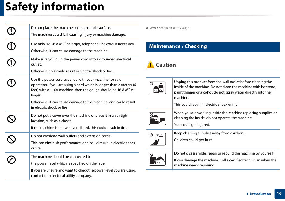 Maintenance / checking, Safety information, Caution | Samsung SL-M4020ND-TAA User Manual | Page 16 / 273