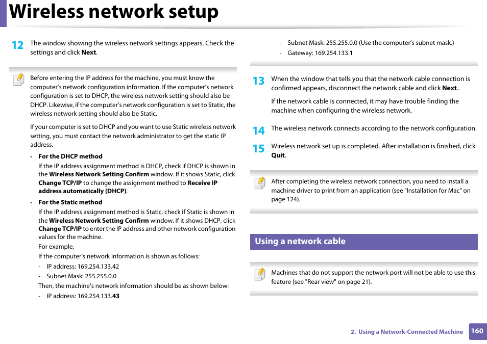 Using a network cable, Wireless network setup | Samsung SL-M4020ND-TAA User Manual | Page 160 / 273