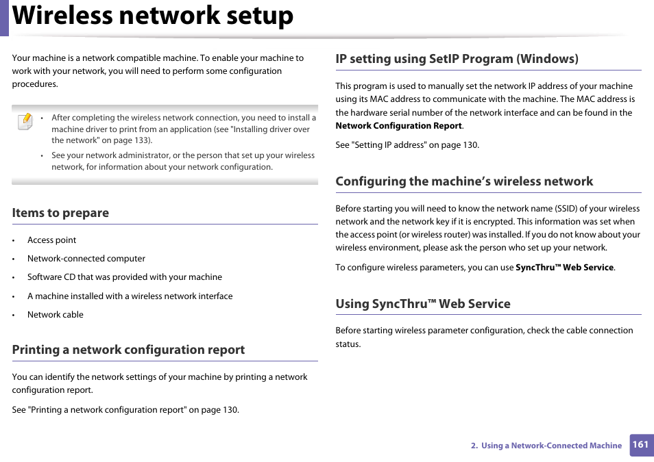 Wireless network setup, Items to prepare, Printing a network configuration report | Ip setting using setip program (windows), Configuring the machine’s wireless network, Using syncthru™ web service | Samsung SL-M4020ND-TAA User Manual | Page 161 / 273