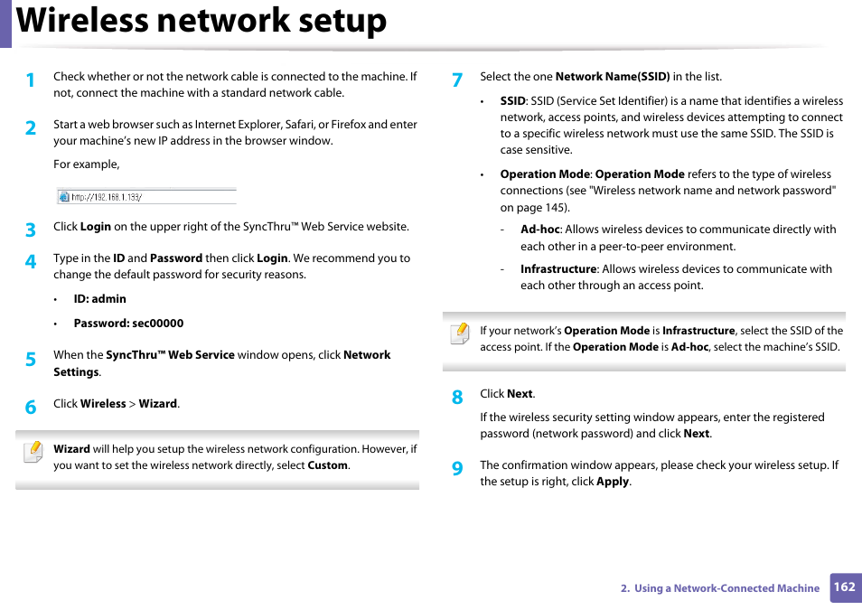 Wireless network setup | Samsung SL-M4020ND-TAA User Manual | Page 162 / 273