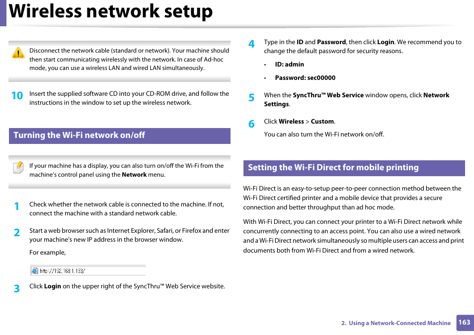 Turning the wi-fi network on/off, Setting the wi-fi direct for mobile printing, Wireless network setup | Samsung SL-M4020ND-TAA User Manual | Page 163 / 273