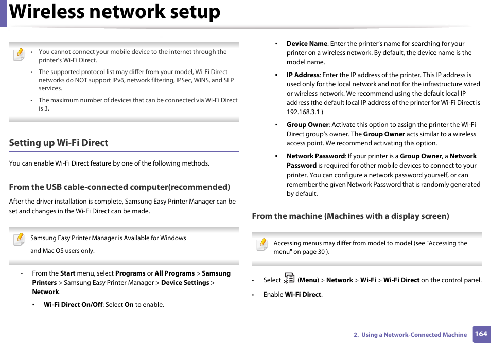 Wireless network setup, Setting up wi-fi direct | Samsung SL-M4020ND-TAA User Manual | Page 164 / 273
