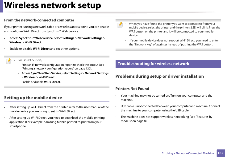 Troubleshooting for wireless network, Wireless network setup, Setting up the mobile device | Problems during setup or driver installation | Samsung SL-M4020ND-TAA User Manual | Page 165 / 273