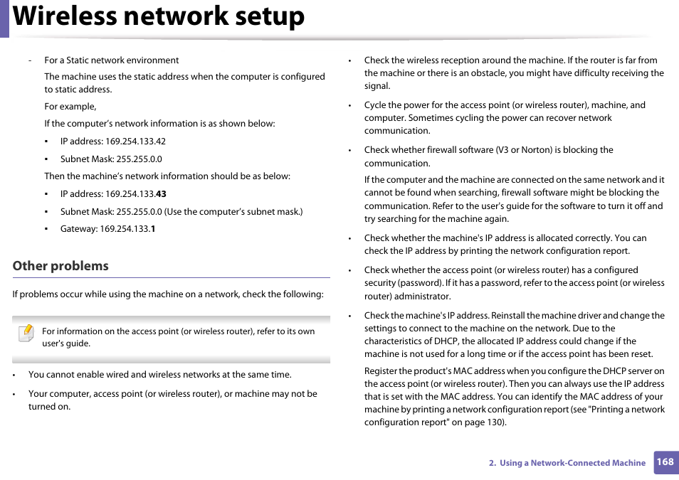 Wireless network setup, Other problems | Samsung SL-M4020ND-TAA User Manual | Page 168 / 273