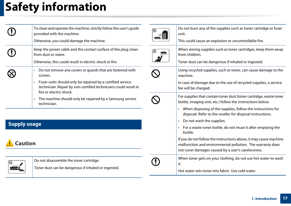 Supply usage, Safety information, Caution | Samsung SL-M4020ND-TAA User Manual | Page 17 / 273