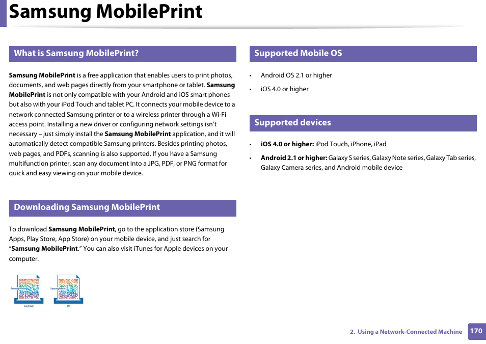 Samsung mobileprint, What is samsung mobileprint, Downloading samsung mobileprint | Supported mobile os, Supported devices | Samsung SL-M4020ND-TAA User Manual | Page 170 / 273