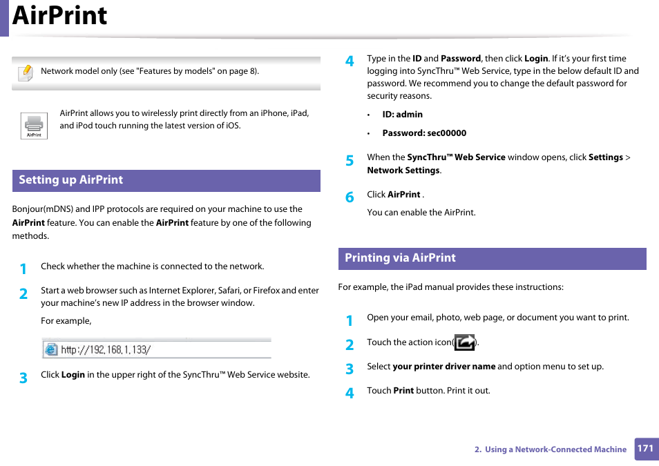 Airprint, Setting up airprint, Printing via airprint | Samsung SL-M4020ND-TAA User Manual | Page 171 / 273