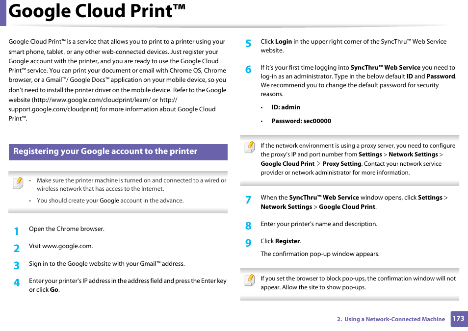 Google cloud print, Registering your google account to the printer | Samsung SL-M4020ND-TAA User Manual | Page 173 / 273