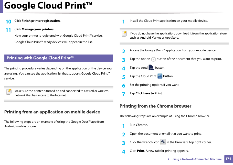 Printing with google cloud print, Google cloud print, Printing from an application on mobile device | Printing from the chrome browser | Samsung SL-M4020ND-TAA User Manual | Page 174 / 273