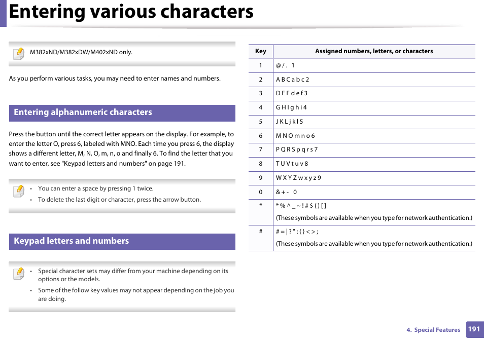 Entering various characters, Entering alphanumeric characters, Keypad letters and numbers | Samsung SL-M4020ND-TAA User Manual | Page 191 / 273
