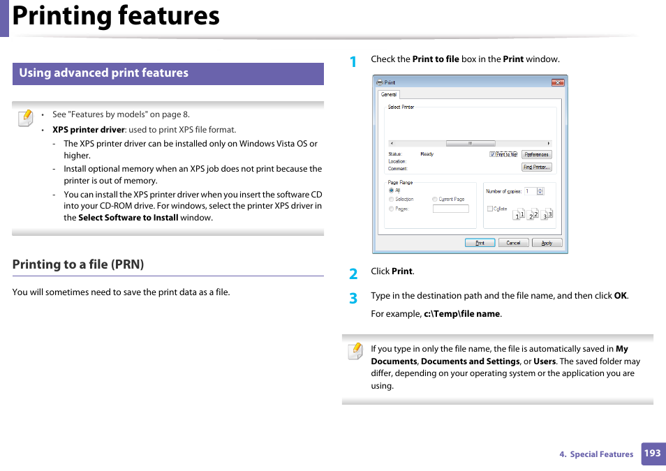 Using advanced print features, Printing features, Printing to a file (prn) | Samsung SL-M4020ND-TAA User Manual | Page 193 / 273