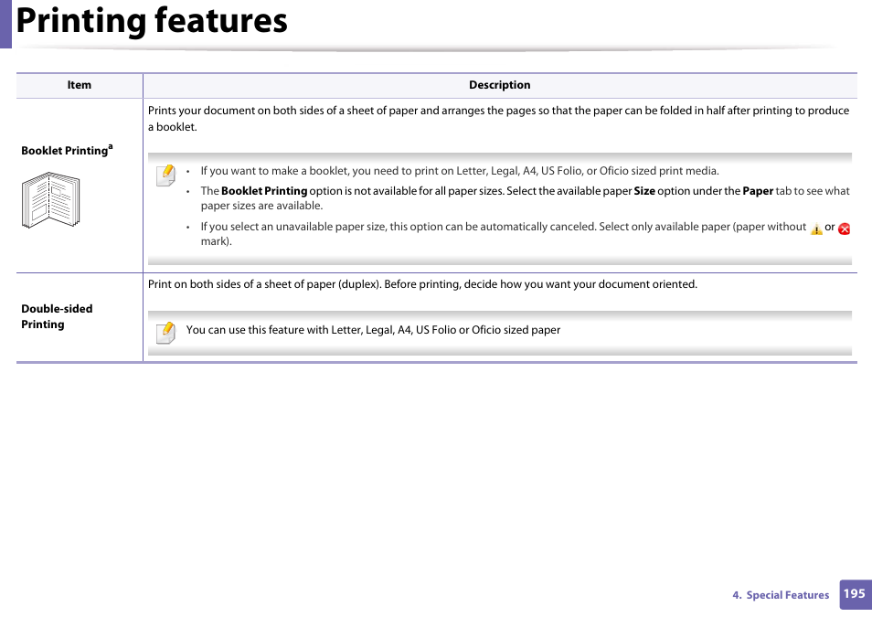 Printing features | Samsung SL-M4020ND-TAA User Manual | Page 195 / 273