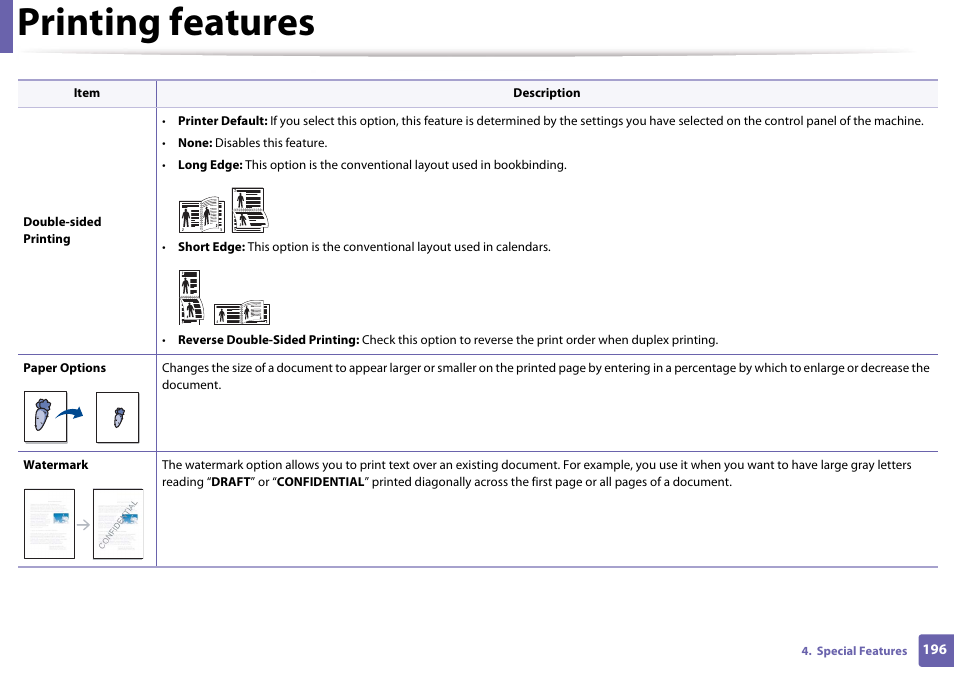 Printing features | Samsung SL-M4020ND-TAA User Manual | Page 196 / 273