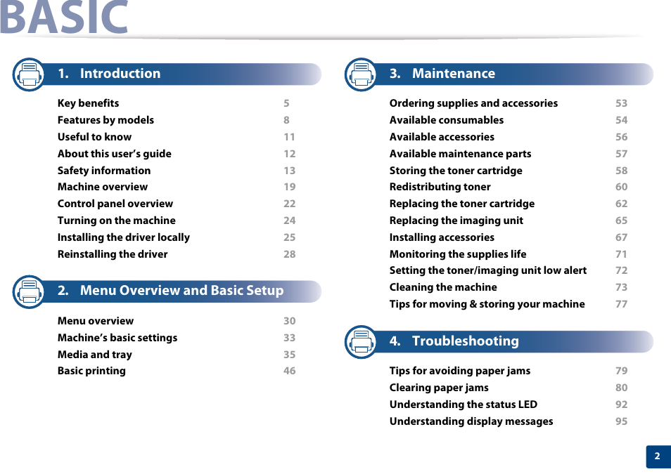 Basic, Introduction, Menu overview and basic setup | Maintenance, Troubleshooting | Samsung SL-M4020ND-TAA User Manual | Page 2 / 273