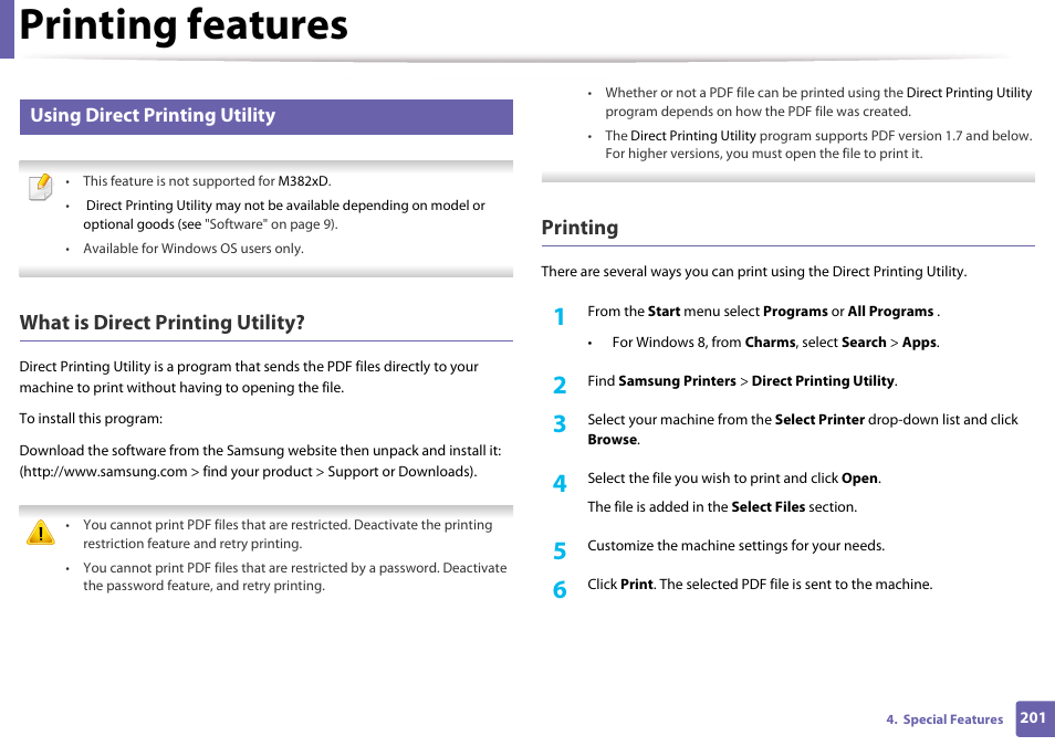 Using direct printing utility, Printing features, What is direct printing utility | Printing | Samsung SL-M4020ND-TAA User Manual | Page 201 / 273