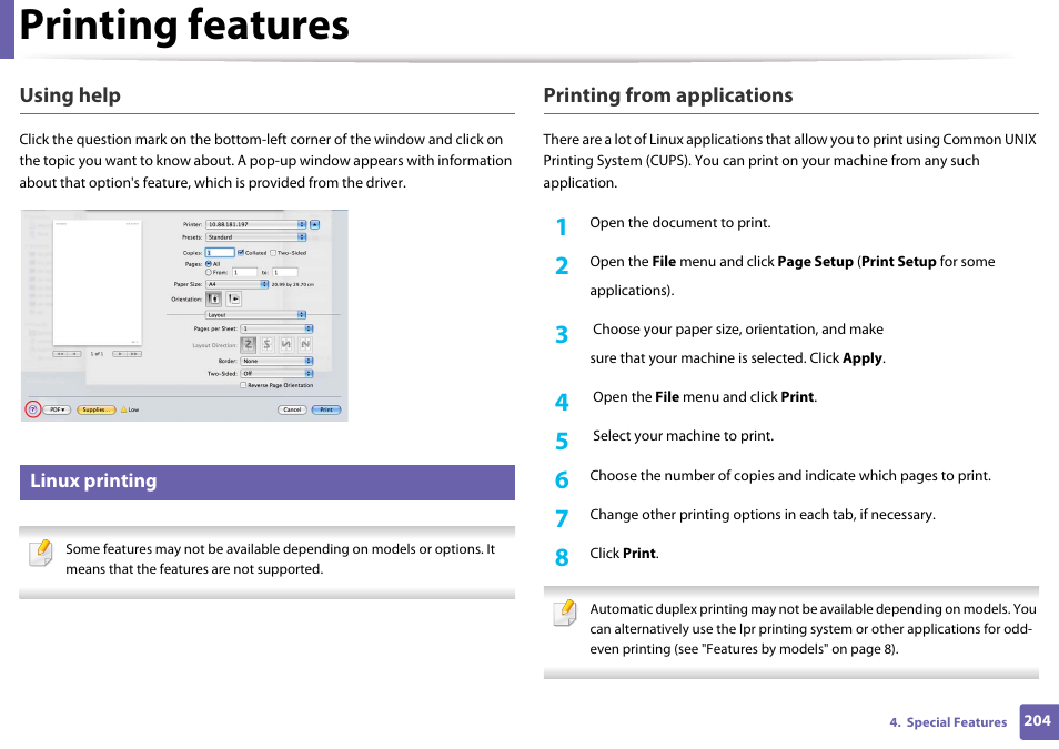 Linux printing, Linux printing" on, Printing features | Using help, Printing from applications | Samsung SL-M4020ND-TAA User Manual | Page 204 / 273