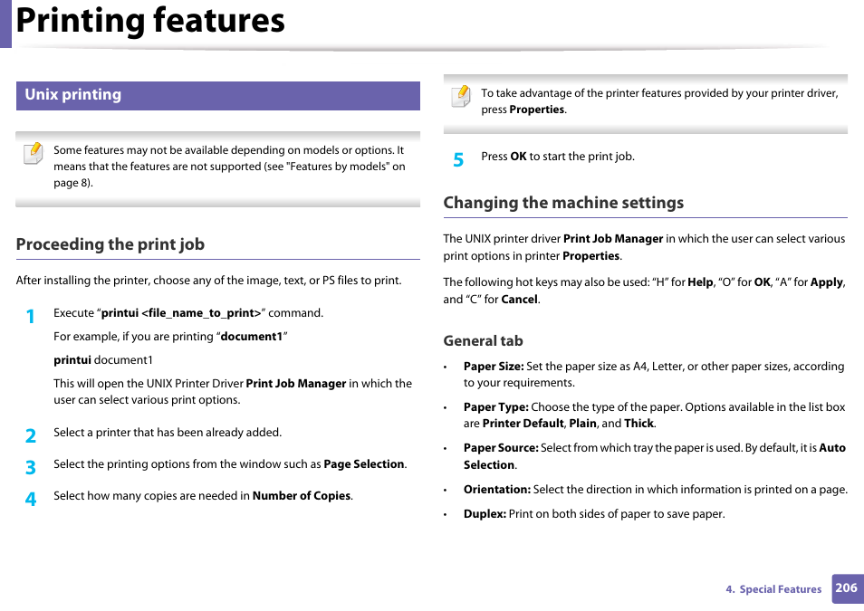 Unix printing, Printing features, Proceeding the print job | Changing the machine settings | Samsung SL-M4020ND-TAA User Manual | Page 206 / 273