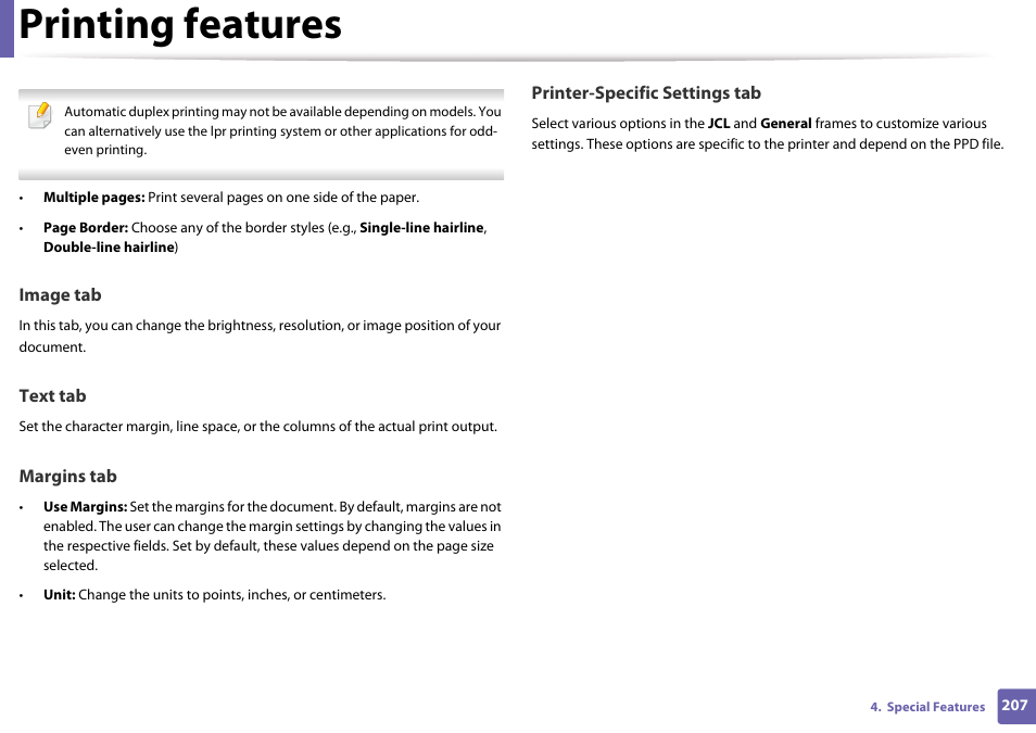 Printing features | Samsung SL-M4020ND-TAA User Manual | Page 207 / 273