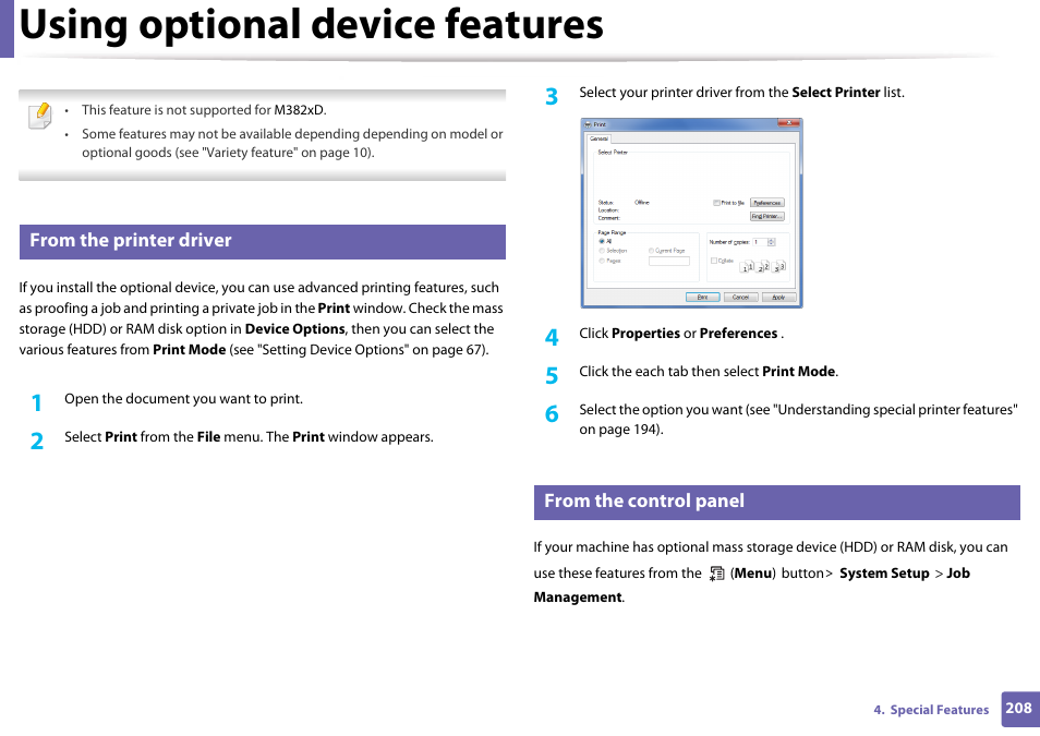 Using optional device features, From the printer driver, From the control panel | Samsung SL-M4020ND-TAA User Manual | Page 208 / 273