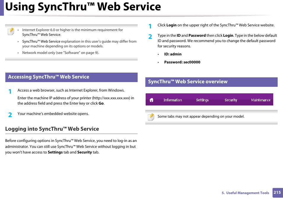 Using syncthru™ web service, Accessing syncthru™ web service, Syncthru™ web service overview | Logging into syncthru™ web service | Samsung SL-M4020ND-TAA User Manual | Page 215 / 273