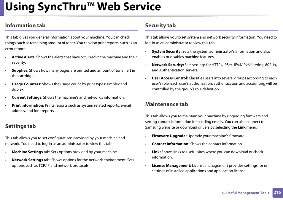 Using syncthru™ web service, Information tab, Settings tab | Security tab, Maintenance tab | Samsung SL-M4020ND-TAA User Manual | Page 216 / 273