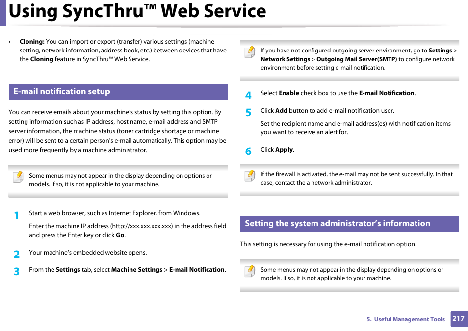 E-mail notification setup, Setting the system administrator’s information, Using syncthru™ web service | Samsung SL-M4020ND-TAA User Manual | Page 217 / 273