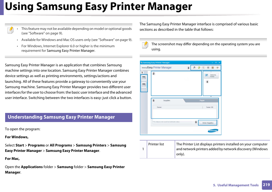 Using samsung easy printer manager, Understanding samsung easy printer manager | Samsung SL-M4020ND-TAA User Manual | Page 219 / 273