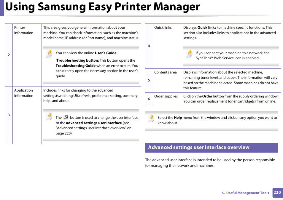 Advanced settings user interface overview, Using samsung easy printer manager | Samsung SL-M4020ND-TAA User Manual | Page 220 / 273