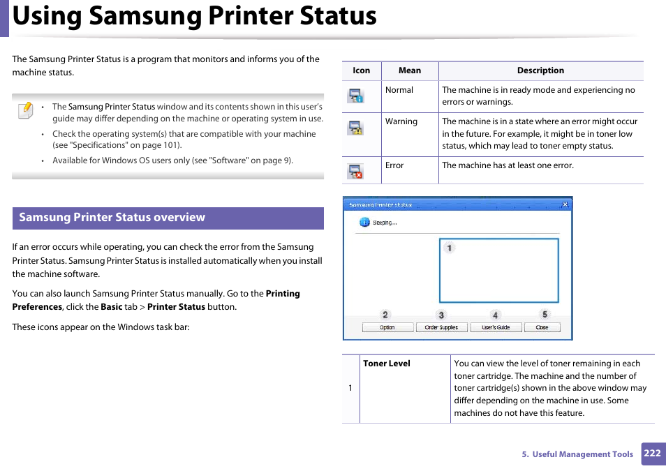 Using samsung printer status, Samsung printer status overview, Using samsung printer status" on | Samsung SL-M4020ND-TAA User Manual | Page 222 / 273