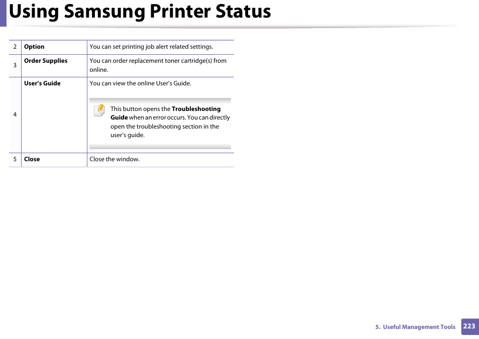 Using samsung printer status | Samsung SL-M4020ND-TAA User Manual | Page 223 / 273