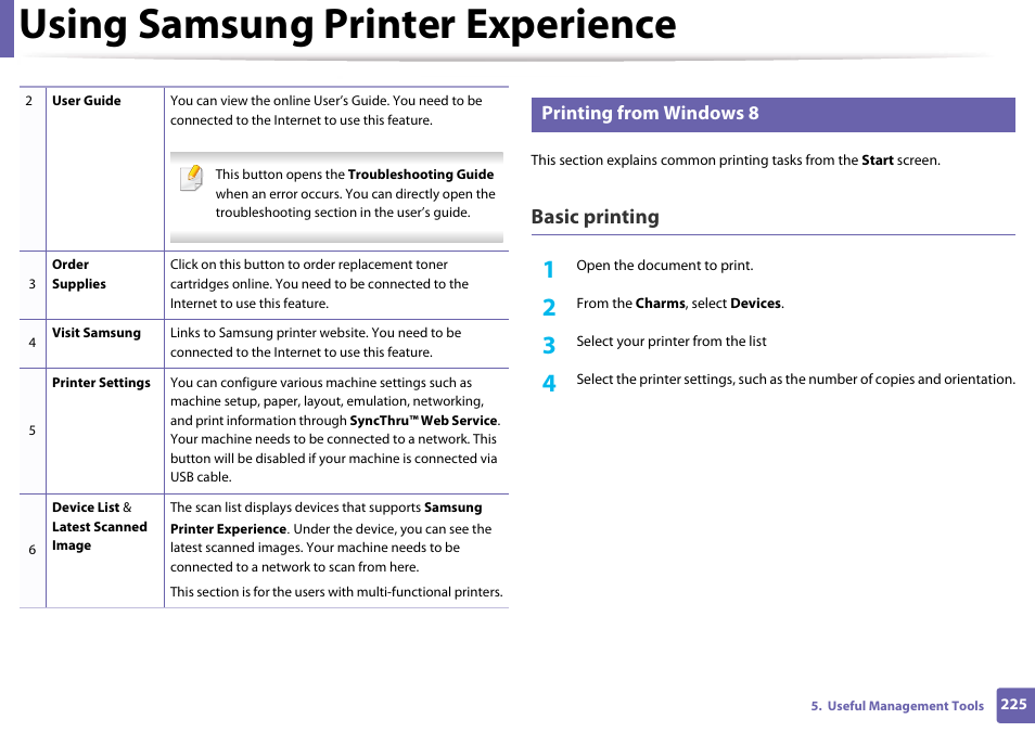 Printing from windows 8, Using samsung printer experience, Basic printing | Samsung SL-M4020ND-TAA User Manual | Page 225 / 273