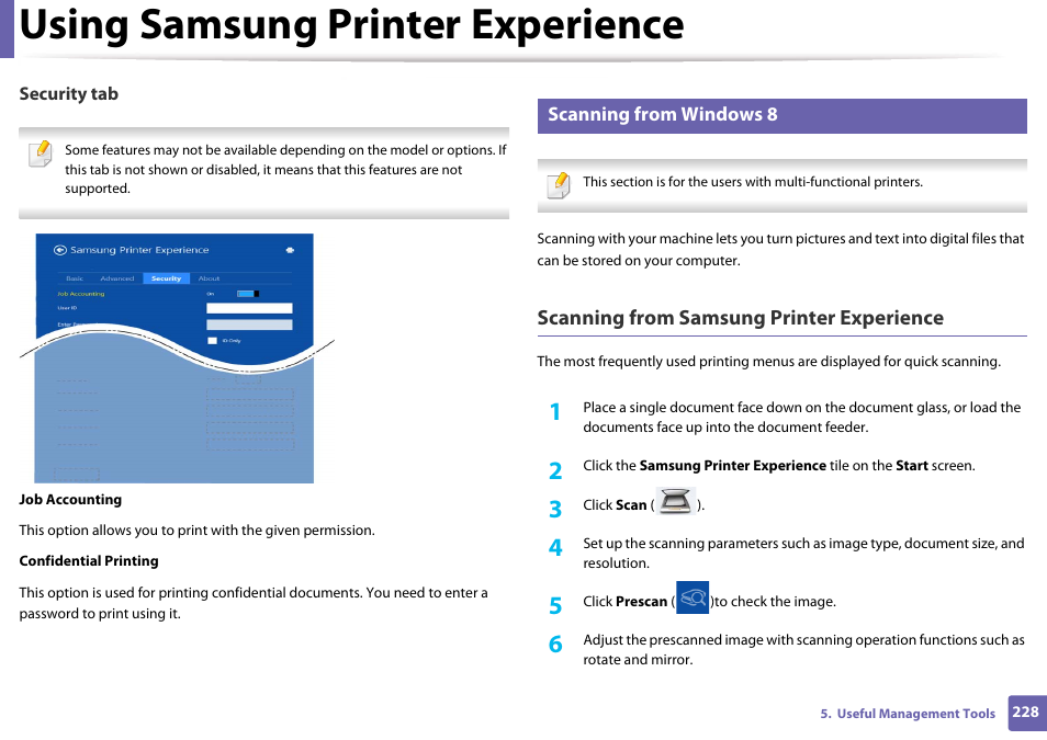 Scanning from windows 8, Using samsung printer experience, Scanning from samsung printer experience | Samsung SL-M4020ND-TAA User Manual | Page 228 / 273