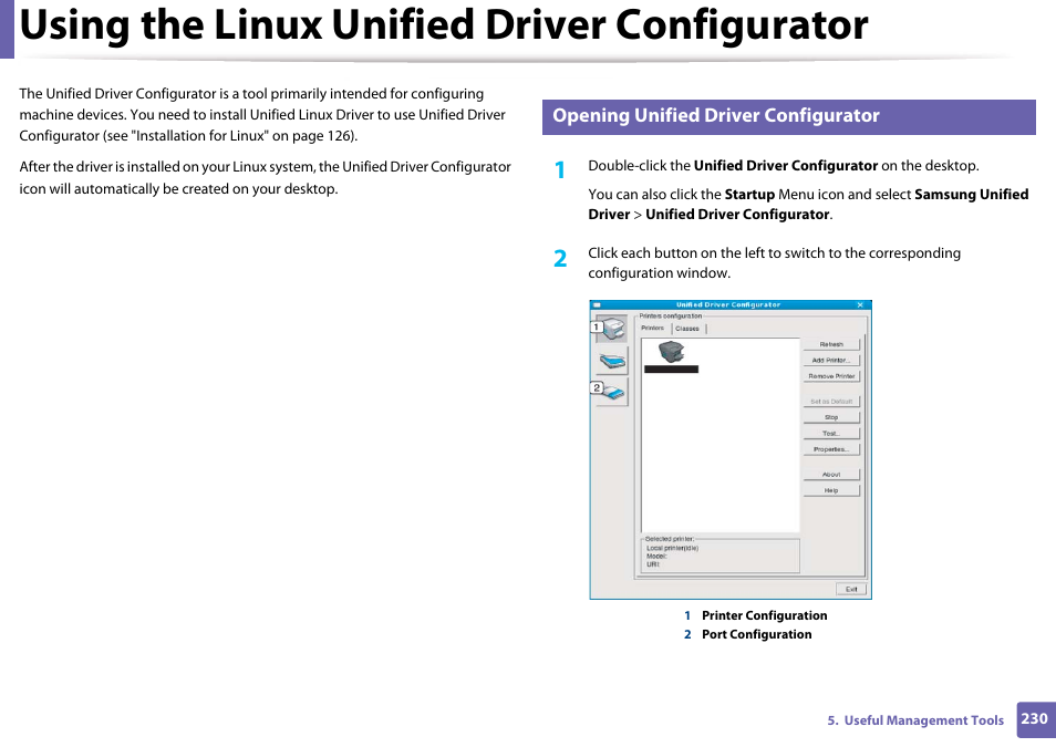 Using the linux unified driver configurator, Opening unified driver configurator | Samsung SL-M4020ND-TAA User Manual | Page 230 / 273