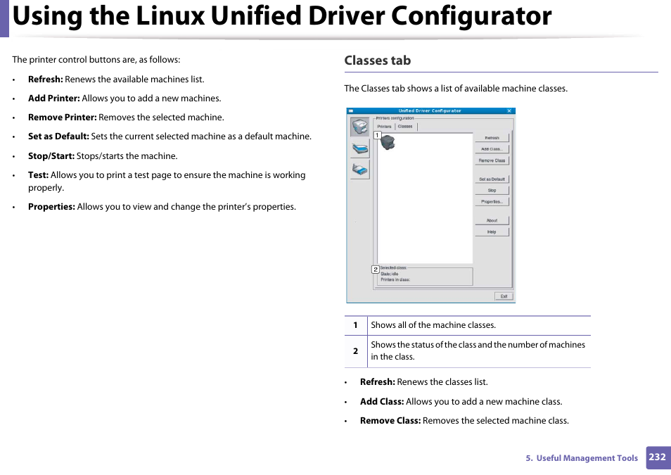 Using the linux unified driver configurator, Classes tab | Samsung SL-M4020ND-TAA User Manual | Page 232 / 273