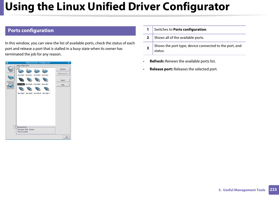 Ports configuration, Using the linux unified driver configurator | Samsung SL-M4020ND-TAA User Manual | Page 233 / 273