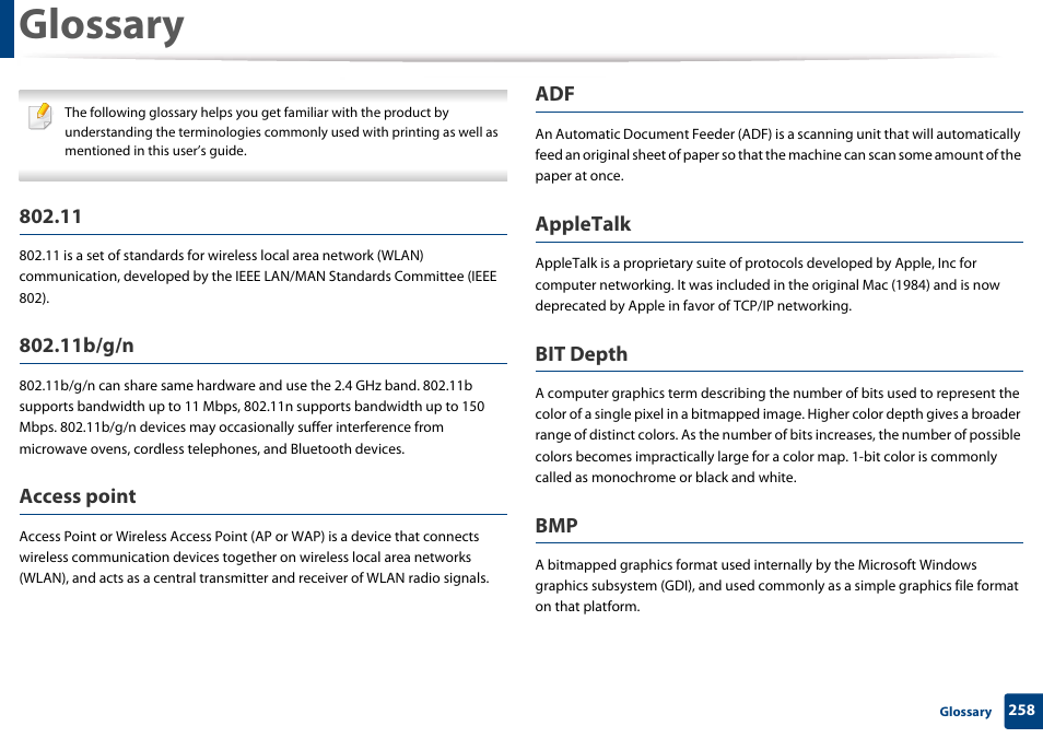 Glossary, 11b/g/n, Access point | Appletalk, Bit depth | Samsung SL-M4020ND-TAA User Manual | Page 258 / 273