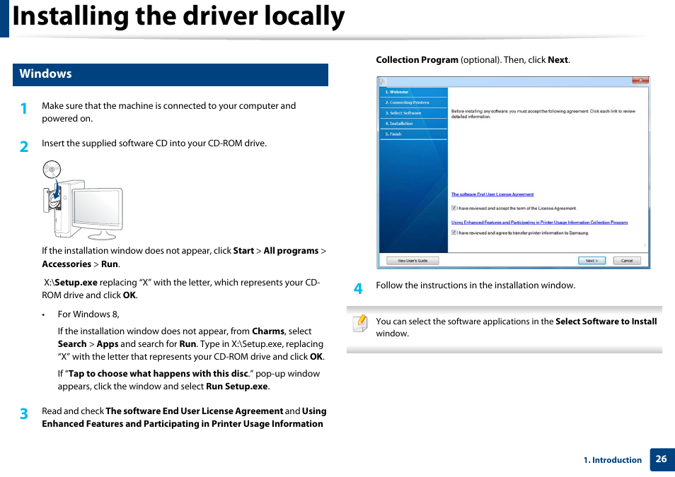 Windows, Installing the driver locally | Samsung SL-M4020ND-TAA User Manual | Page 26 / 273
