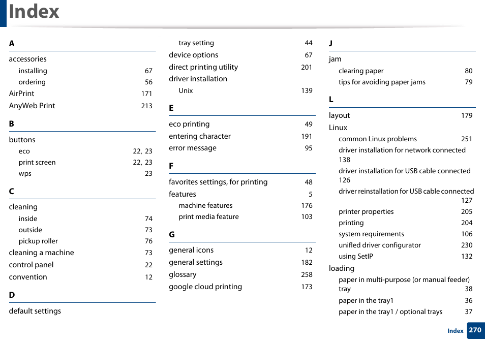 Index, Accessories, Installing 67 | Ordering 56, Airprint 171, Anyweb print 213, Buttons, Eco 22, 23, Print screen 22, 23, Wps 23 | Samsung SL-M4020ND-TAA User Manual | Page 270 / 273