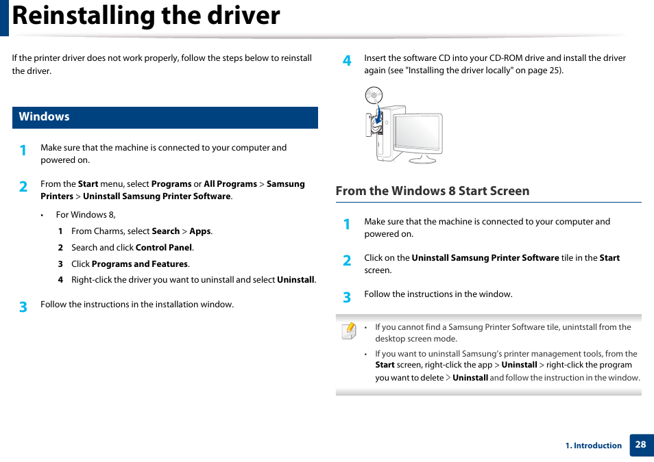 Reinstalling the driver, Windows | Samsung SL-M4020ND-TAA User Manual | Page 28 / 273