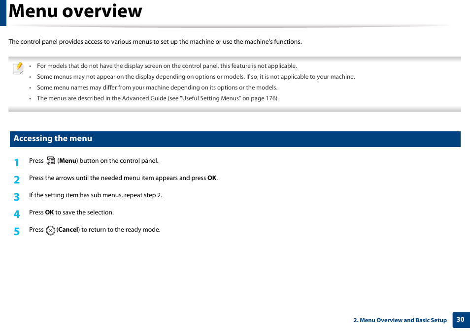 Menu overview, Accessing the menu | Samsung SL-M4020ND-TAA User Manual | Page 30 / 273