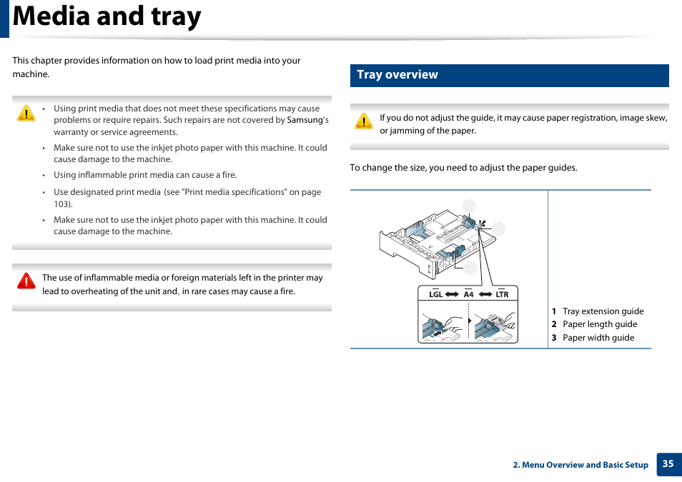 Media and tray, Tray overview | Samsung SL-M4020ND-TAA User Manual | Page 35 / 273