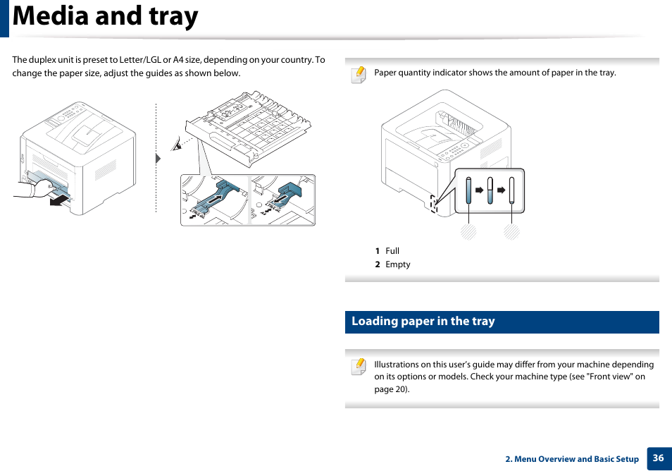 Loading paper in the tray, Media and tray | Samsung SL-M4020ND-TAA User Manual | Page 36 / 273