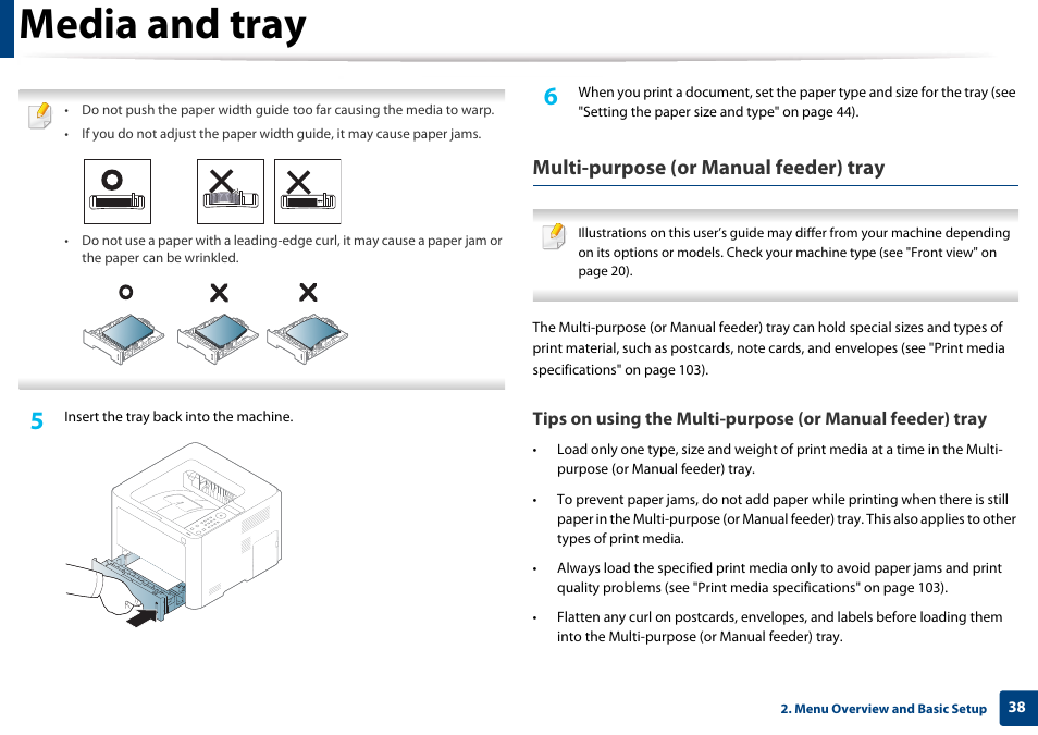 Media and tray, Multi-purpose (or manual feeder) tray | Samsung SL-M4020ND-TAA User Manual | Page 38 / 273