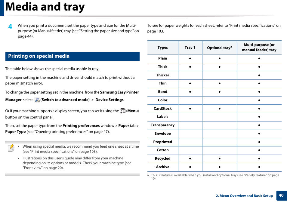 Printing on special media, Media and tray | Samsung SL-M4020ND-TAA User Manual | Page 40 / 273