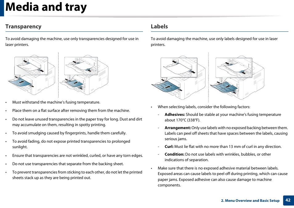 Media and tray, Transparency, Labels | Samsung SL-M4020ND-TAA User Manual | Page 42 / 273
