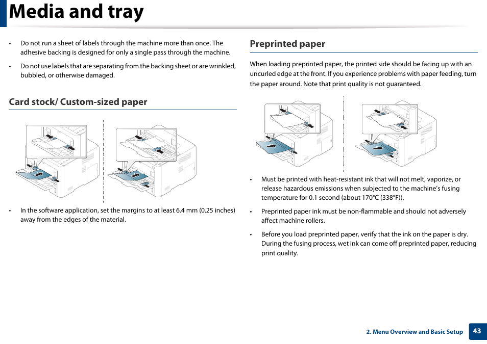Media and tray, Card stock/ custom-sized paper, Preprinted paper | Samsung SL-M4020ND-TAA User Manual | Page 43 / 273