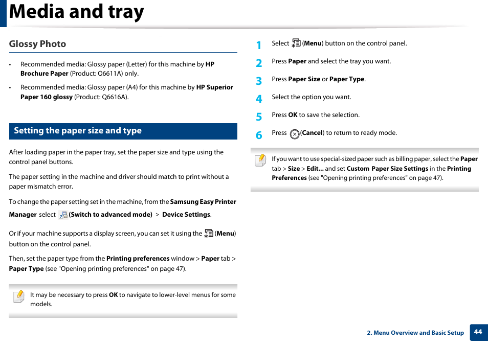 Setting the paper size and type, Media and tray, Glossy photo | Samsung SL-M4020ND-TAA User Manual | Page 44 / 273