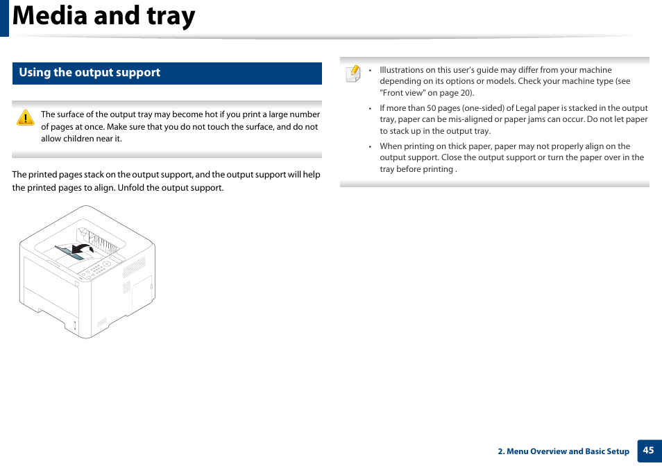 Using the output support, Media and tray | Samsung SL-M4020ND-TAA User Manual | Page 45 / 273